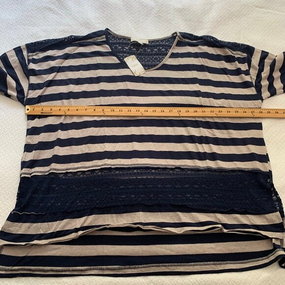 NEW Suzanne Betro striped long lines mixed materials lace detail shirt top‎ - Picture 8 of 9